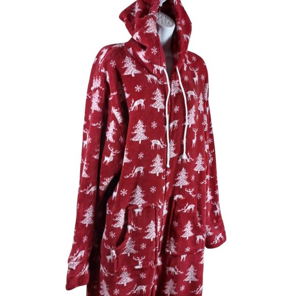 SleepytimePjs Red Holiday Hooded One Pc Adult M/L Zipper Footies Reindeer Trees - Picture 3 of 10